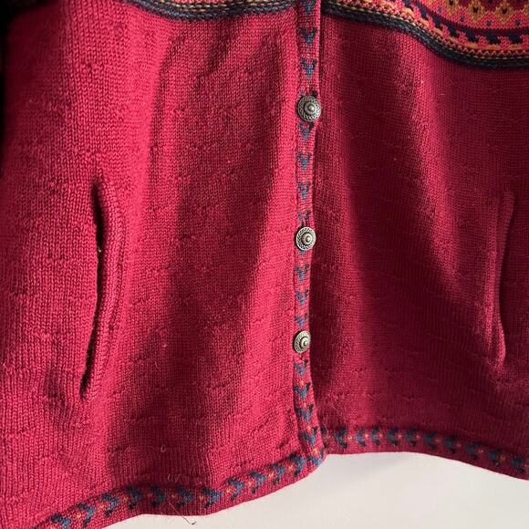 Icelandic Design Red Fair Isle Wool Button Front Cardigan Sweater Size Medium - Picture 4 of 7